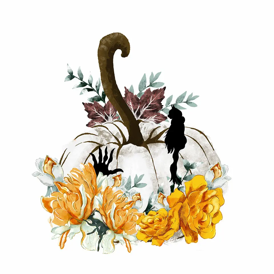 かぼちゃと猫と美しい花たちのハロウィン塗り絵