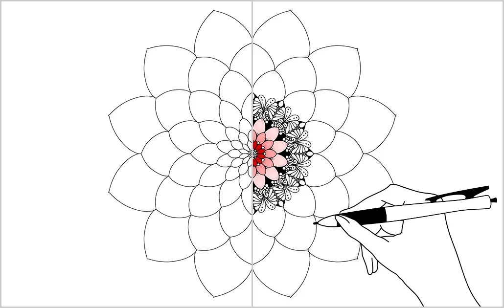 【優美な花びら】模様をちょい足しできる。シンプルなマンダラ塗り絵の線画