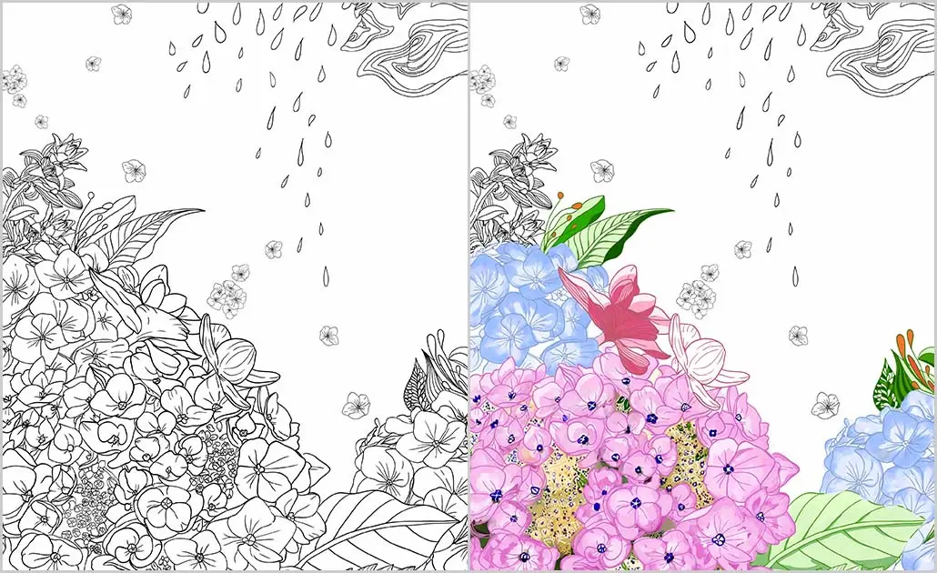 雨雲迫りくる、魅力的な紫陽花塗り絵の世界　イラスト