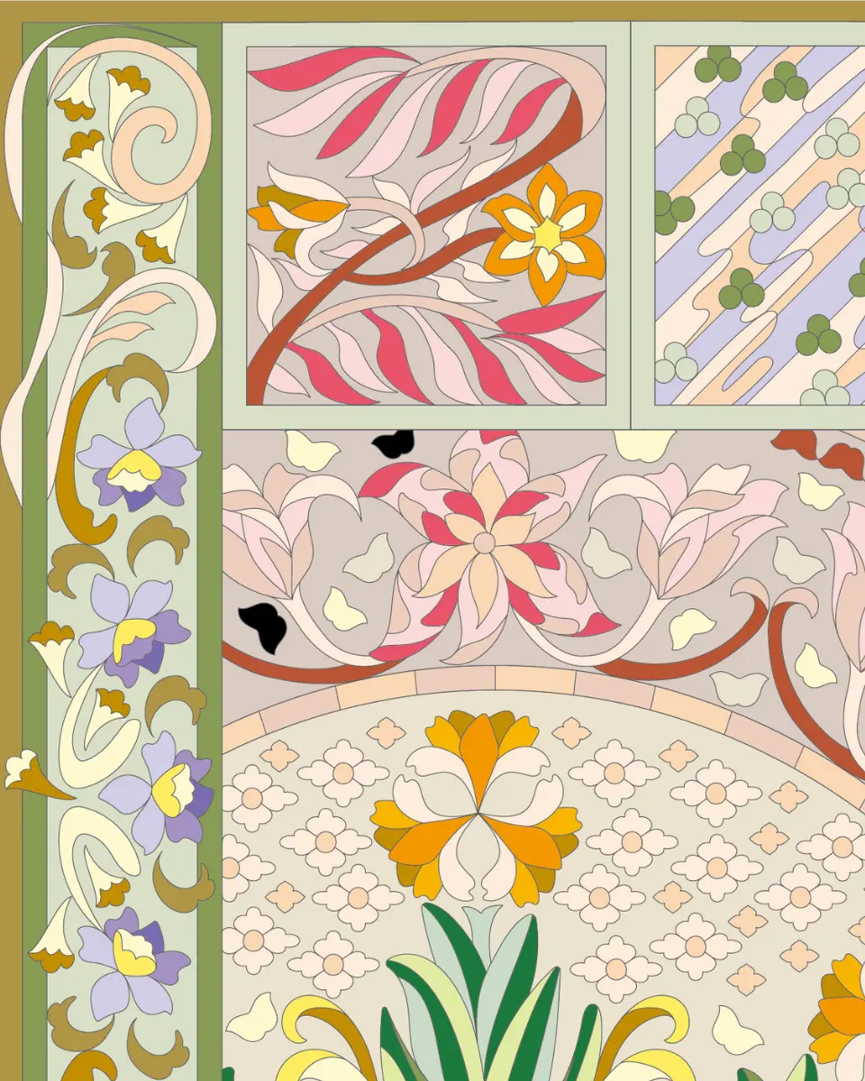 ボタニカルパズルぬりえ 【09】花飾抄 完成見本 左上