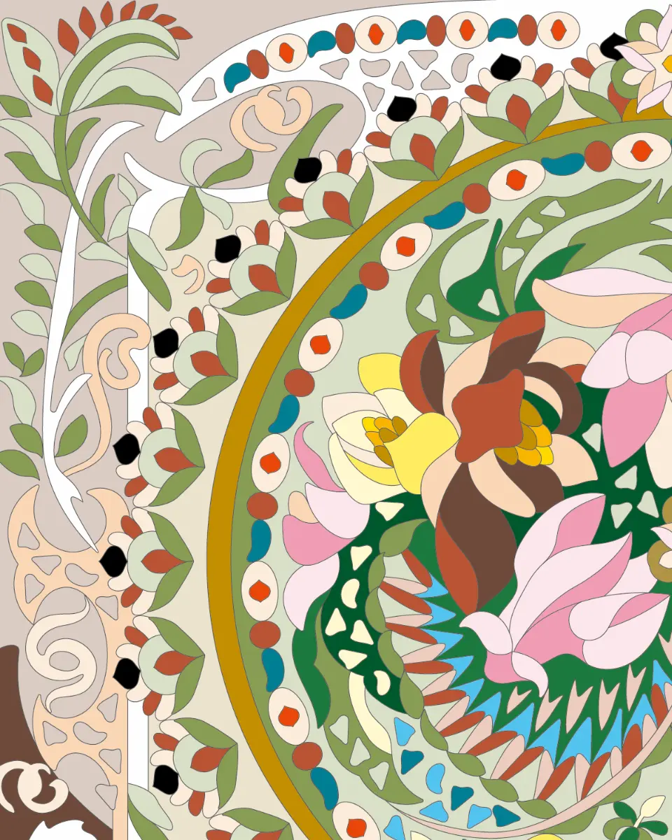 ボタニカルパズルぬりえ【23】エスニカ 完成見本 左上