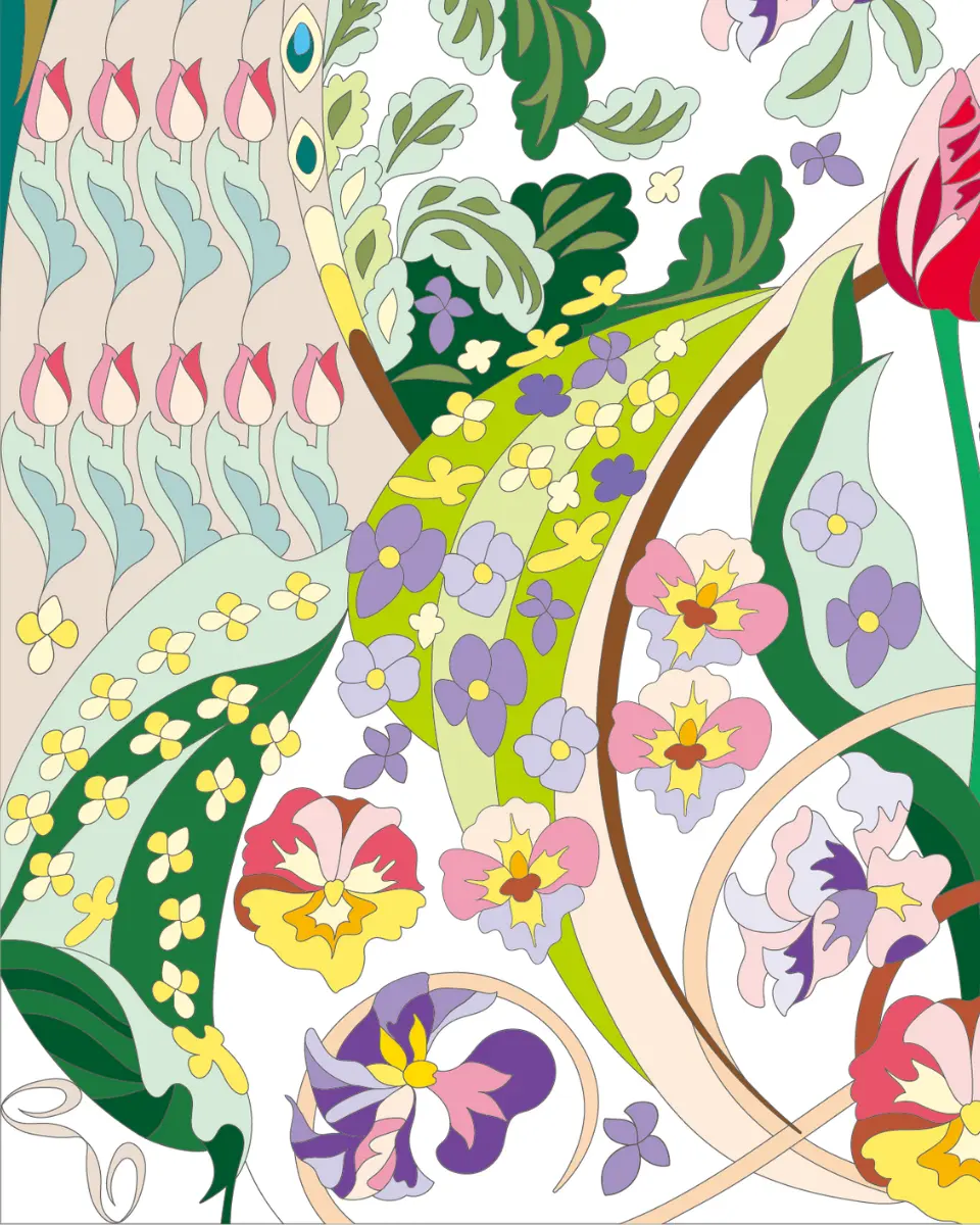 ボタニカルパズルぬりえ 【24】チューリップのロンド 完成見本 左下