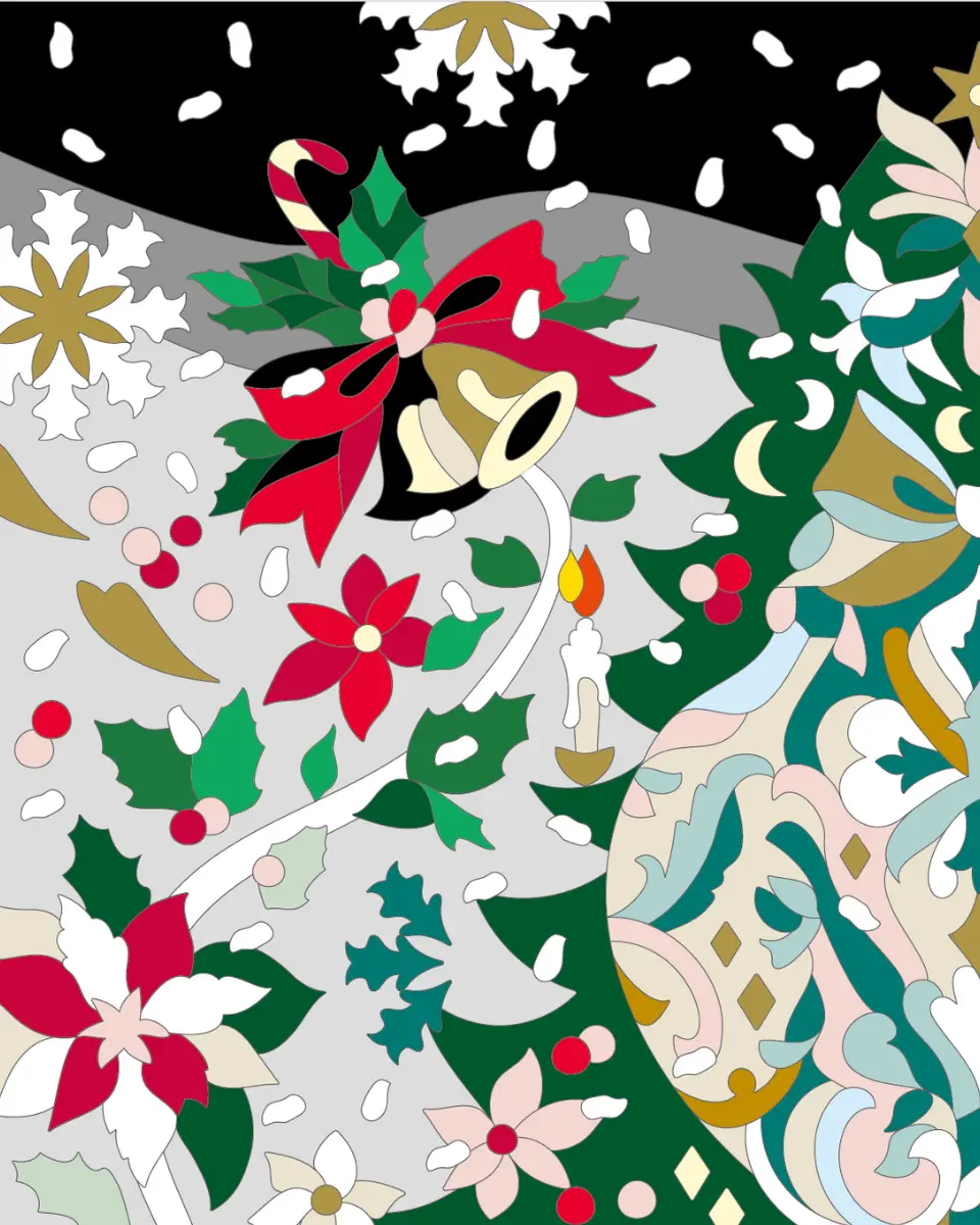 ボタニカルパズルぬりえ 【30】雪夜のデコール 完成見本 左上