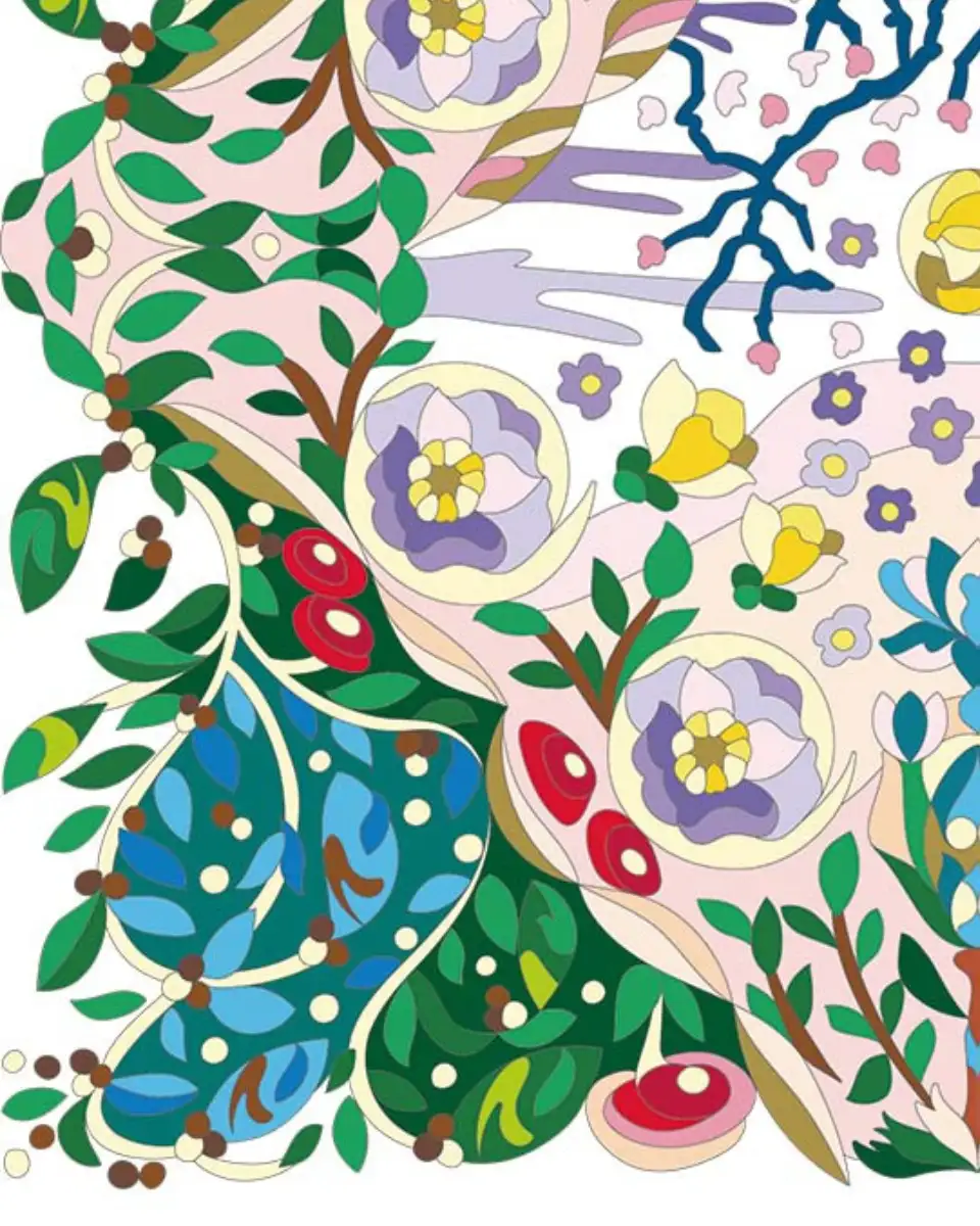 ボタニカルパズルぬりえ 【31】椿のお月見 完成見本　左下