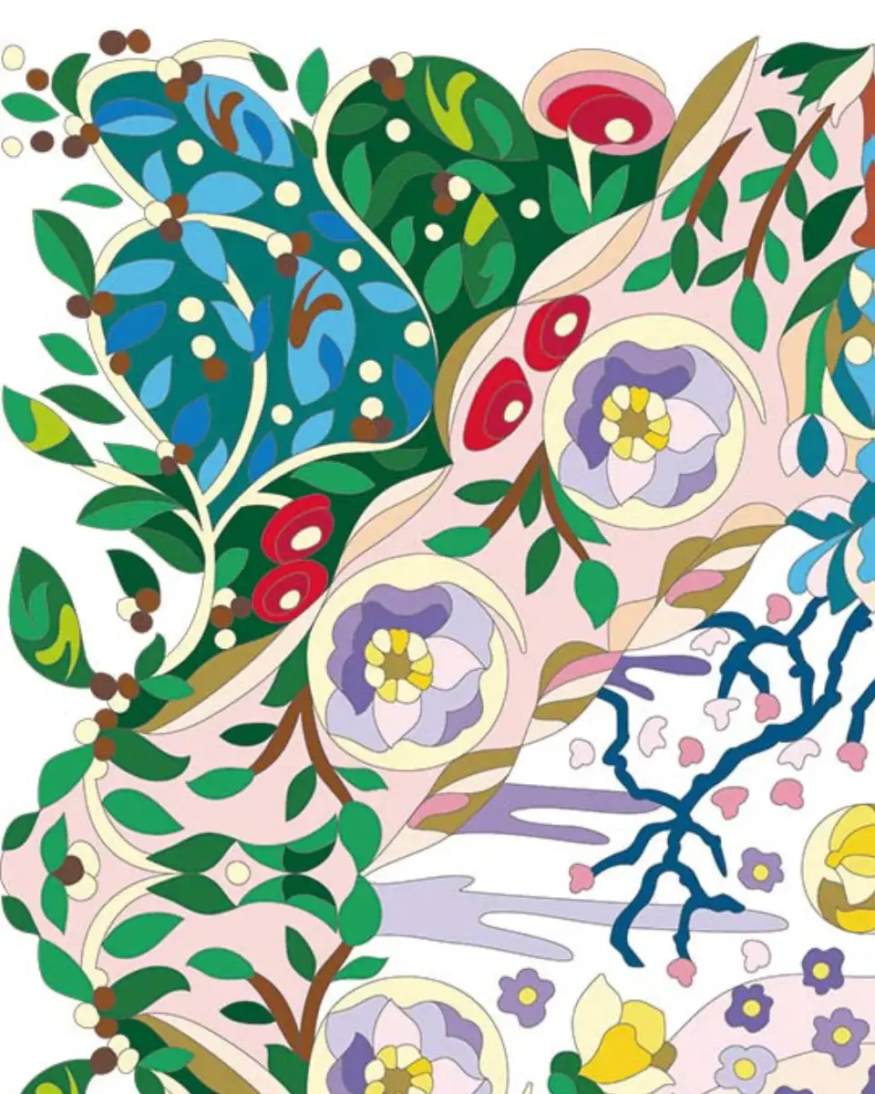 ボタニカルパズルぬりえ 【31】椿のお月見 完成見本　左上